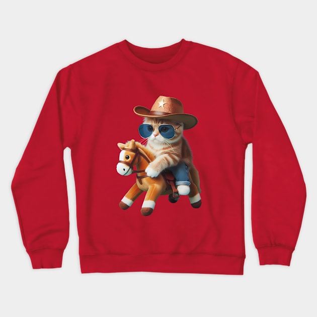 A cat wearing sunglasses and a cowboy hat riding a toy horse Crewneck Sweatshirt by maricetak